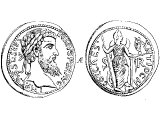 Coin of Antioch in Pisidia. Left: Head of Emperor Severus. Right: Venus standing with one foot on the head of an ox, and the figure for Victory in her hand.